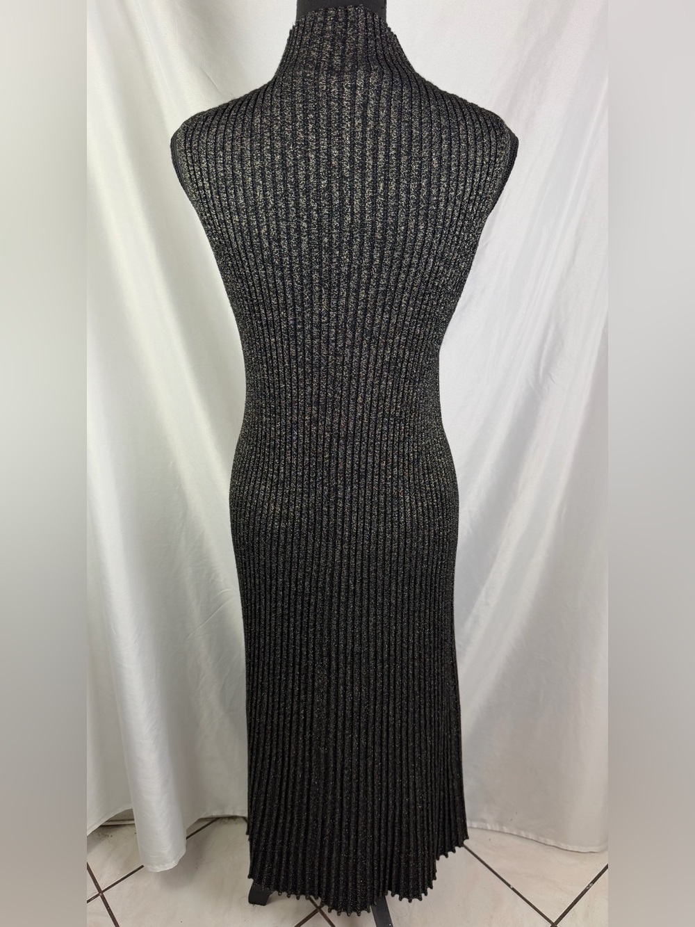 DKNY Black Metallic Ribbed Sleeveless Maxi Dress XL Shimmer Evening Glam Gown - Picture 4 of 7